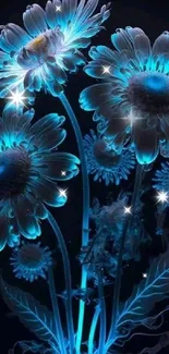 Glowing blue daisy flowers on a dark background.