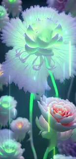 Glowing neon flowers with dark background, vibrant and artistic.