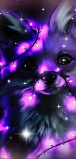 A fox wrapped in neon purple fairy lights against a dark background.