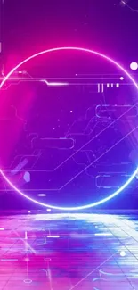 Futuristic neon circle wallpaper with digital elements and vibrant pink-purple hues.