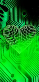 Green neon circuit heart wallpaper with glowing digital design.