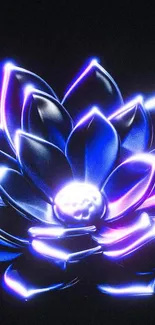 Neon lotus flower glowing in vibrant purple and blue on a black background.