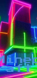 Minecraft cityscape with neon lights glowing in vibrant colors.