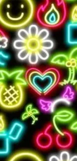 Colorful neon pattern wallpaper with icons.