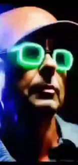 Neon green glasses on man in dark background.