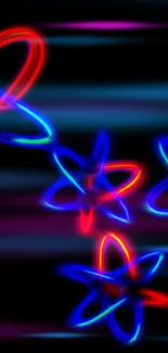 Neon blue and red glowing star vortex wallpaper with black background.