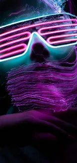 Futuristic face with neon glasses and glowing pink accents.