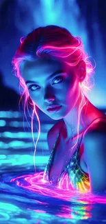 Neon glow portrait of a woman in water with a waterfall background.