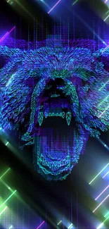 Neon glowing bear with electric blue hues on black background.