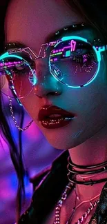 Futuristic artwork with a glowing cyberpunk character wearing neon glasses.