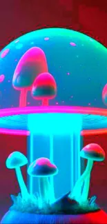 Neon glowing mushrooms with vibrant colors on a dark background.