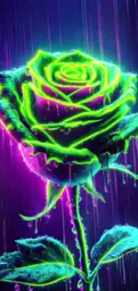 A vibrant neon green and purple glowing rose design on a dark backdrop.