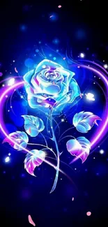 Neon glowing rose with blue and purple light on a dark background.