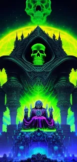 Neon gothic fantasy wallpaper with skull and vibrant colors.