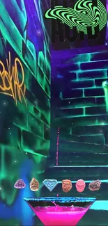 Vibrant neon graffiti wallpaper featuring glowing abstract art on stairs.