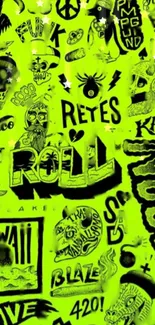 Vibrant neon green wallpaper with graffiti art designs.