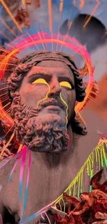 Neon graffiti art on classical stone statue in vibrant colors.