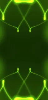 Neon green abstract wallpaper with symmetrical glowing lines.