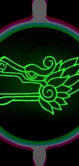 Neon green Aztec dragon art on a dark background.