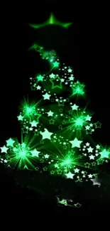 Neon green Christmas tree with stars on a dark background.