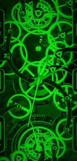 Neon green clockwork wallpaper featuring detailed gears and futuristic design.