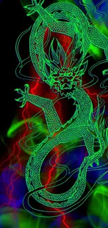 Neon green dragon with colorful accents on a dark background.