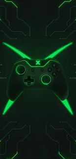 Neon green gaming controller wallpaper with tech design.