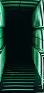 Abstract geometric neon green pathway in dark setting.