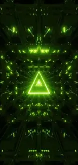 Neon green geometric wallpaper with glowing triangle.