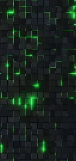 Neon green geometric 3D blocks wallpaper with glowing effects on dark background.