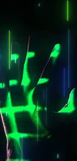 Neon green hand on dark background with digital design elements.