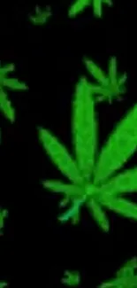 Neon green cannabis leaf pattern on dark background.