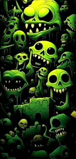 Neon green monster faces wallpaper with a dark background.