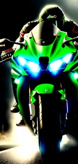 Neon green motorcycle speeding on road in dynamic action.