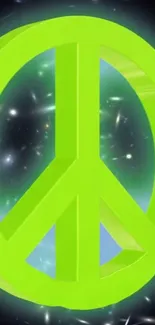 Neon green peace symbol on cosmic background.