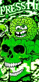 Green cartoonish skull with animated brain wallpaper.