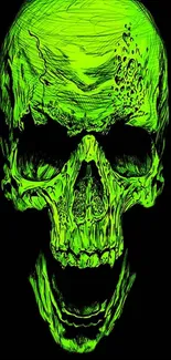 Neon green skull art on black background, bold and edgy wallpaper design.