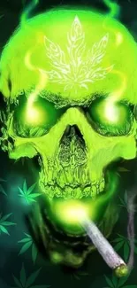 Neon green skull wallpaper with glowing cannabis leaves and a bold design.