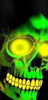 Neon green skull with glowing eyes and dark background wallpaper.