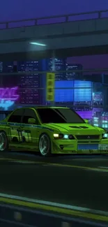 Green sports car on a neon-lit city street at night.