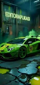 Neon green sports car in a futuristic garage.