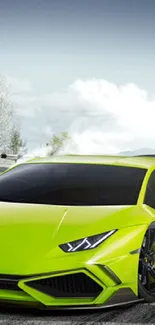 Neon green sports car on a curvy mountain road.