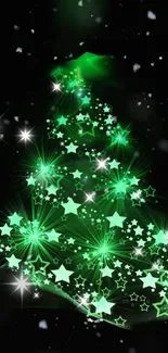 Neon green Christmas tree with stars on black background.