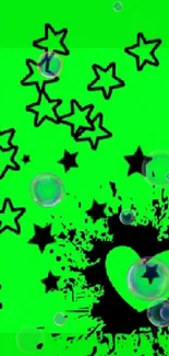 Neon green wallpaper with stars and cupcake design.