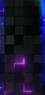 Neon grid pattern in blue and pink on a dark background.