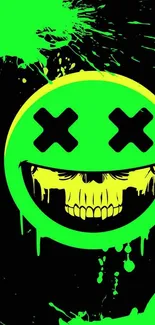 Neon green skull with grunge design on black background.