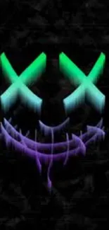 Neon smiley face with green eyes and purple grin on a black background.