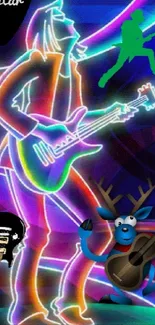 Neon silhouette guitarist with guitars and colorful elements.