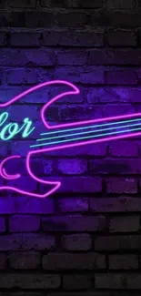 Neon guitar design on a brick wall background, perfect for music lovers.