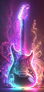 Neon guitar with luminous flames in vibrant colors